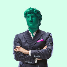 Business Status. Office Man Headed By Bright Statue On Green Background. Headache. Negative Space To Insert Your Text. Modern Design. Contemporary Colorful And Conceptual Bright Art Collage.