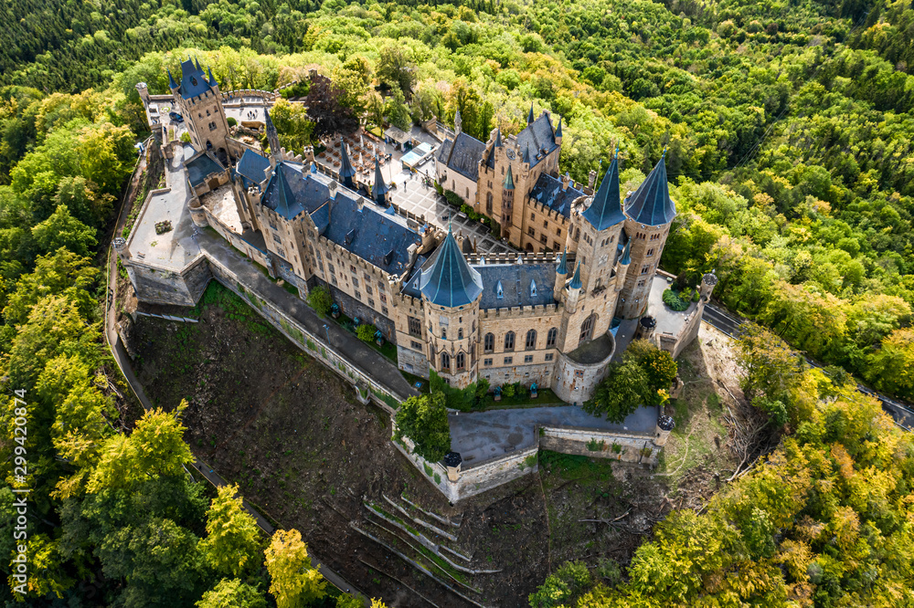 Aerial Panorama Of Burg Hohenzollern Hohenzollern Castle With Hills aerial-panorama-of-burg-hohenzollern-hohenzollern-castle-with-hills