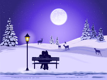 Winter Snowy Landscape With A Bright Moon And Silhouettes Of A Couple Sitting Together On A Park Bench With A Street Light Beside Them And Deer In The Distance.