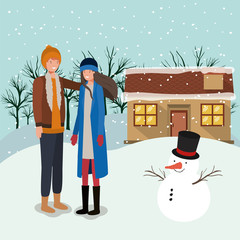 Canvas Print - couple with snowman christmas celebration