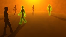 Silhouettes Of People Walking In Fog. Two Stand Out With Glowing Green Outlines . Orange Sunset , Sunrise . 3d Rendering
