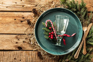 Wall Mural - Rustic christmas table setting design with natural decorations