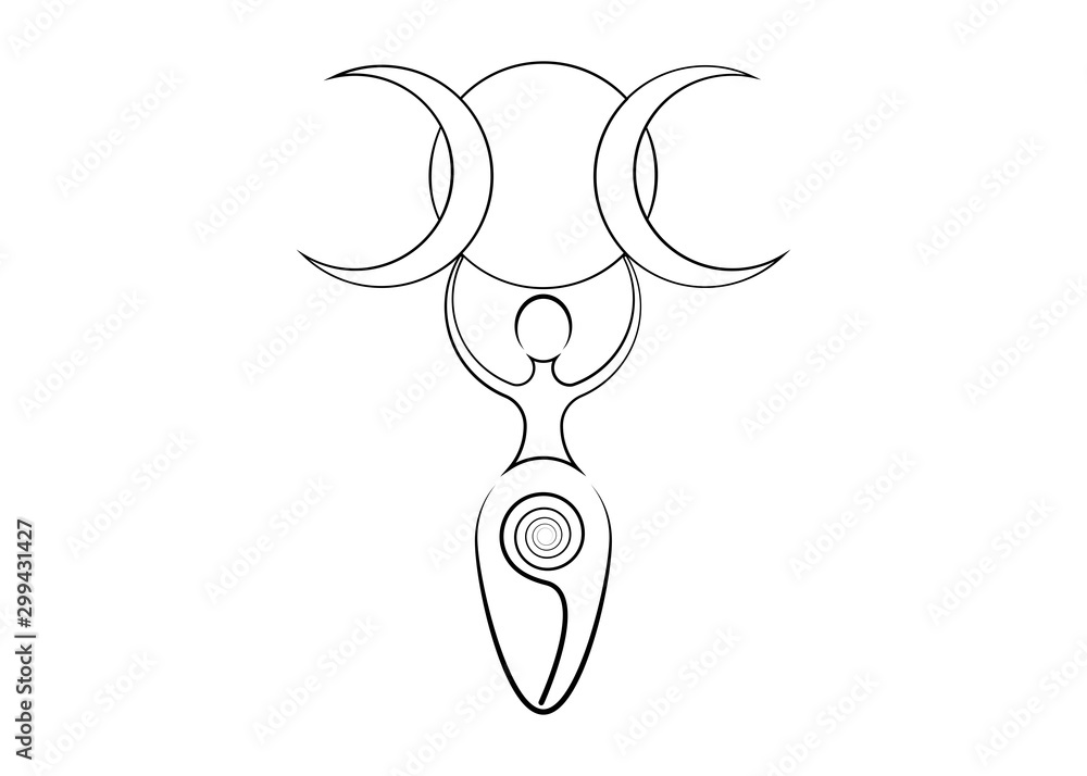 spiral goddess of fertility and triple moon wiccan. The spiral cycle of life, death and rebirth. Woman wicca mother earth symbol of sexual procreation, vector tattoo sign icon isolated on white  - obrazy, fototapety, plakaty 