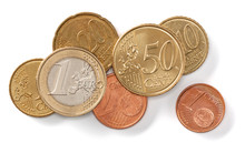 Euro Coins Isolated On White Background Closeup. Money Concept. Top View, Flat Lay.
