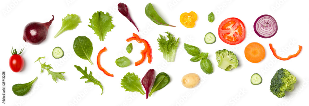 Creative layout made of tomato slice, onion, cucumber, basil leaves. Flat lay, top view. Food concept. Vegetables isolated on white background. Food ingredient pattern. - obrazy, fototapety, plakaty 