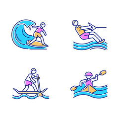 Wall Mural - Watersports color icons set. Surfing, water skiing, rafting and sup boarding. Extreme kinds of sports. Summer vacation leisure, adventures. Ocean beach activities. Isolated vector illustrations