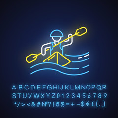 Poster - Kayaking neon light icon. Canoeing watersport, extreme kind of sport. Risky and adventurous leisure on boat with puddle. Glowing sign with alphabet, numbers and symbols. Vector isolated illustration