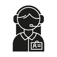 Poster - Consultant help glyph icon. Call center manager in headset. Phone dispatcher, customer support operator. Helpline and telemarketing. Silhouette symbol. Negative space. Vector isolated illustration