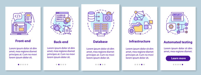 Front-end, back-end development onboarding mobile app page screen with linear concepts. Database programming walkthrough steps graphic instructions. UX, UI, GUI vector template with illustrations