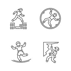 Poster - Extreme sports linear icons set. Parkour, traversing obstacles. Zorbing. Slacklining. Abseiling, rappelling. Thin line contour symbols. Isolated vector outline illustrations. Editable stroke