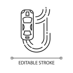 Sticker - Auto racing linear icon. Two-seater vehicle on track. Automobile drift. Sliding motorcar. Production car race. Thin line illustration. Contour symbol. Vector isolated outline drawing. Editable stroke