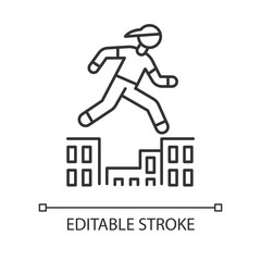 Poster - Parkour linear icon. Traceur running in city environment. Traversing obstacles. Person jumping in urban space. Thin line illustration. Contour symbol. Vector isolated outline drawing. Editable stroke