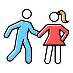 Sticker - Date rape blue, red, color icon. Women abuse, violent behavior. Sexual harassment of young females. Victim of assault. Sexual activity without consent. Isolated vector illustration