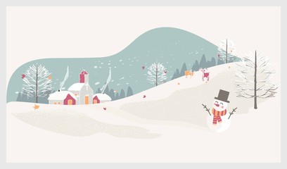 Wall Mural - Vector illustration of a Christmas winter landscape postcard.Retro color of winter countryside landscape with  deer.Minimal winter concept.