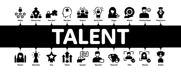 Poster - Human Talent Minimal Infographic Web Banner Vector. Idea And Target, Diamond And Star, Signer, Speaker And Actor Talent Concept Linear Pictograms. Contour Illustrations