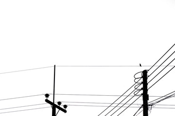 Electric poles with electrical lines, white background isolated