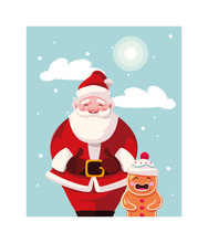 Santa Claus With Gingerbread Man In Winter Landscape