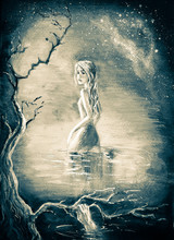 Illustration Girl In A Mysterious Forest In A Lake At Night With Monsters