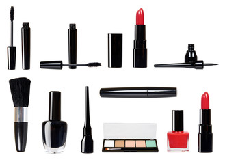 Different tools for make up, luxury cosmetics kit. Lipstick, brush, mascara and eye liner, set and collection.