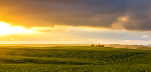 hazy rural evening landscape with golden light and grey hills in the background and field with fresh green in foreground