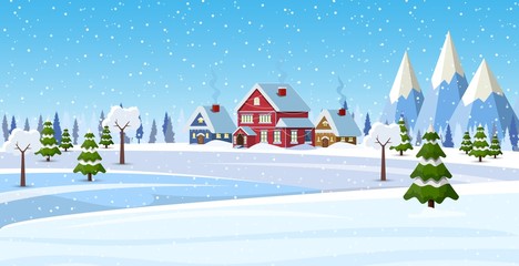 Christmas landscape background with snow and tree. Merry christmas holiday. New year and xmas celebration. Vector illustration in flat style