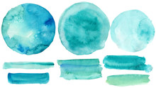 Blue Abstract Watercolor Splashes Set, Paint Splashes On An Isolated White Background, Hand Drawn