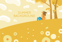 Vector Illustration In Flat Simple Style - Girl Enjoying Summer Vacations