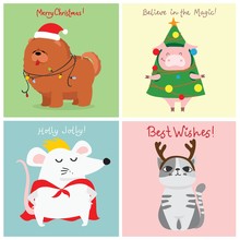 Vector Illustration Of Christmas Cat, Rat, Pig And Dog With Christmas And New Year Greetings. Cute Pets With Holiday Hats
