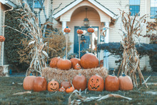 Halloween Outdoor Pumpkin Decorations In Front Of House Yard