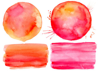 Set of watercolor pink drops on an isolated white background. Hand drawn sketch abstract circle