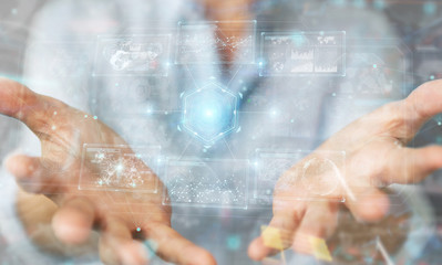 Aufkleber - Woman using digital technological interface with datas 3D rendering
