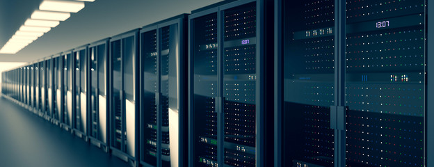 Server room data center. Backup, mining, hosting, mainframe, farm and computer rack with storage information. 3d render