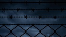 Mesh Steel And Barbed Wire, Thunderstorm And Lightning Time Lapse, Concept Of Confine, Prison, Refugee, Border
