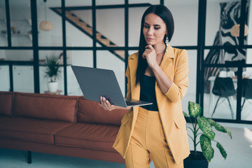 portrait of her she nice attractive charming stunning lovely mart clever lady researching web launch