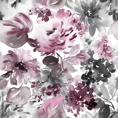 Seamless summer pattern with watercolor flowers handmade.