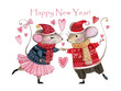 Watercolor Christmas card with a pair of mice in love. Hand drawn mouse girl in a blue sweater and pink ballet tutu and mouse boy in a red sweater and a yellow scarf. Greeting card for couples in love