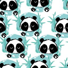 Cute Panda On A Green Background With Bamboos Pattern Seamless. Vector Illustration.