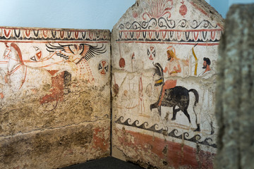 Ciudad de Paestum Italia Agosto 2 de 2019 Paestum, ancient frescoes war chariot in the tomb of the Magna Greece