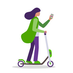 Cheerful young slim girl rides a lime green electric scooter and looks at the phone for navigation. A woman rides a rented kick scooter and looks at the app by sharing isolated on a white background