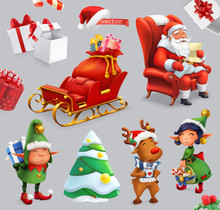 Christmas And New Year. Santa Claus, Sleigh, Gifts, Deer, Elves, Christmas Tree. 3d Vector Icon Set