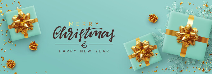 christmas banner. background xmas design of realistic gifts box, blue snowflake and glitter gold con