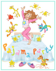 Wall Mural - Pajama party.  Funny little girl in pajamas with her favorite toys jumping on the bed. In cartoon style. Isolated on white background.