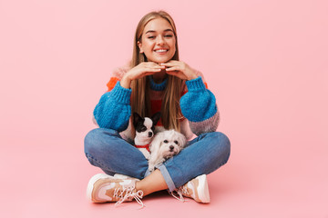 Sticker - Cute lovely girl wearing sweater sitting with legs crossed