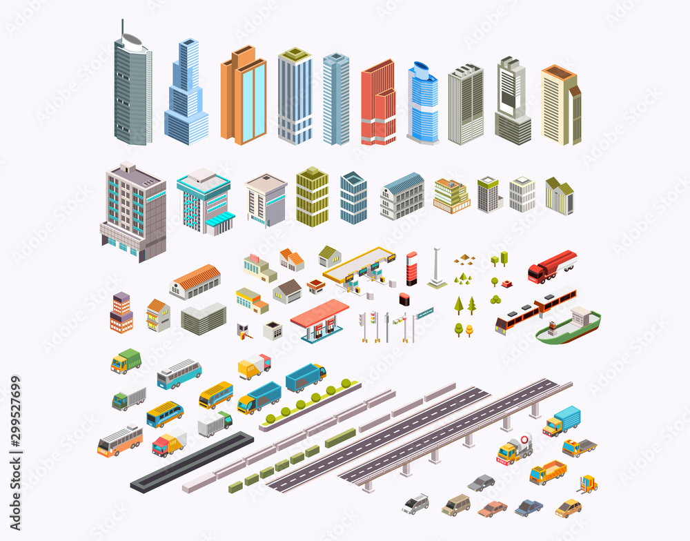 set isometric city building, transportation, houses and public area vector illustration - obrazy, fototapety, plakaty 
