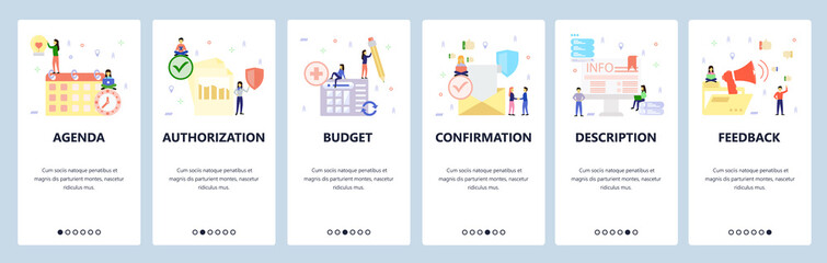 Mobile app onboarding screens. Business calendar, email confirmation, feedback, promotion. Menu vector banner template for website and mobile development. Web site design flat illustration