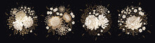 Set Of Luxurious Bouquets Of Flowers Isolated On Black Background.