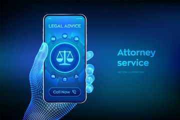 Poster - Labor law, Lawyer, Attorney at law, Legal advice concept on smartphone screen. Internet law and cyberlaw as digital legal services or online lawyer advice. Closeup smartphone in wireframe hand. Vector