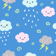 Seamless pattern composed of various cute clouds, raining and lightning
