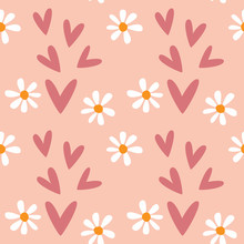 Simple Seamless Pattern With Hearts And Daisies. Romantic Print With Flowers. Floral Vector Illustration.