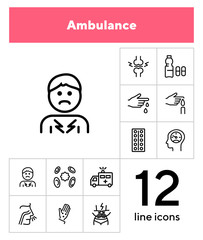 Canvas Print - Ambulance line icon set. Set of line icons on white background. Medicine concept. Pain, virus, nasal cold. Vector illustration can be used for topics like medicine, illness, healthcare